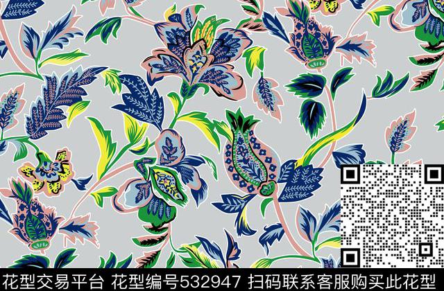 手绘线条复古花纹传统实色传统印花华亿平台下载（图片编号: 532947） - 瓦栏（Walan）