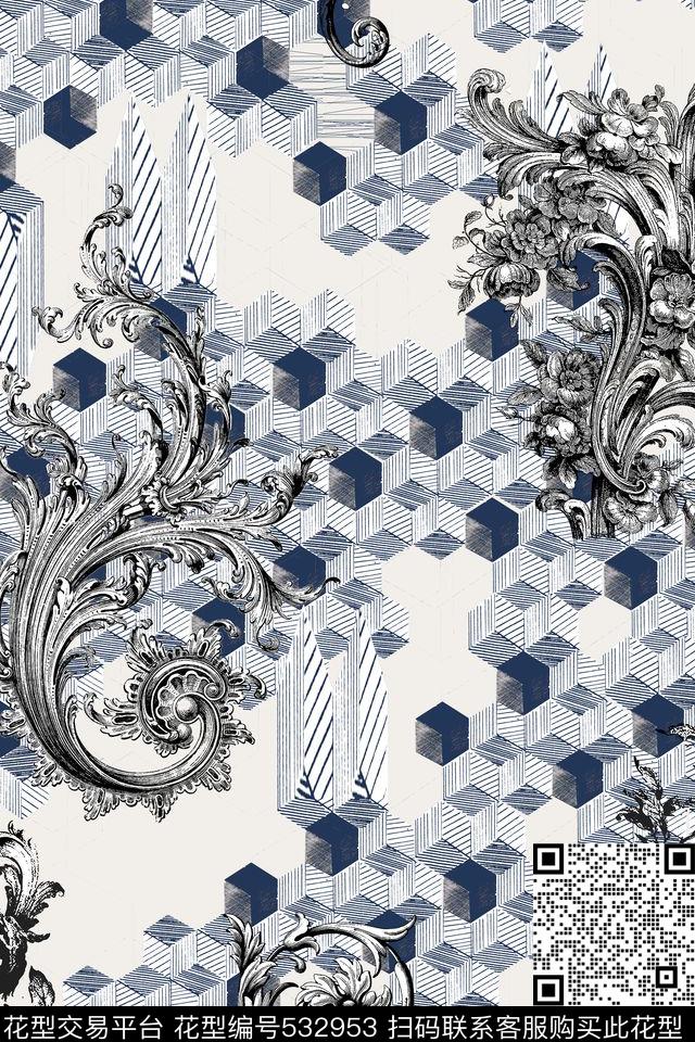 几何立体素描数码印花华亿平台下载（图片编号: 532953） - 瓦栏（Walan）