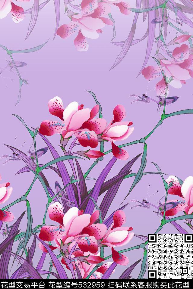 复古国画兰花数码印花华亿平台下载（图片编号: 532959） - 瓦栏（Walan）