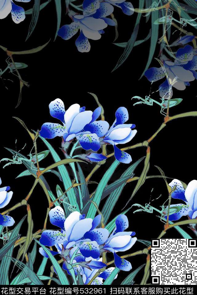 复古国画兰花传统印花华亿平台下载（图片编号: 532961） - 瓦栏（Walan）
