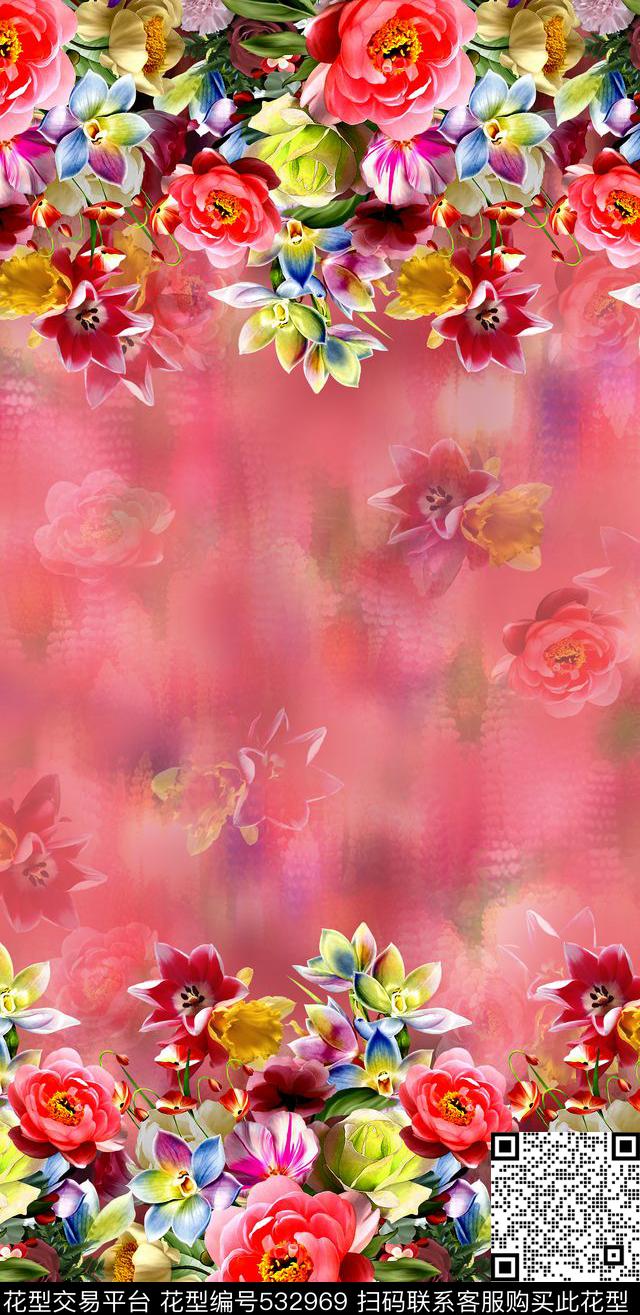 组合花卉双边定位炫光底纹数码印花华亿平台下载（图片编号: 532969） - 瓦栏（Walan）