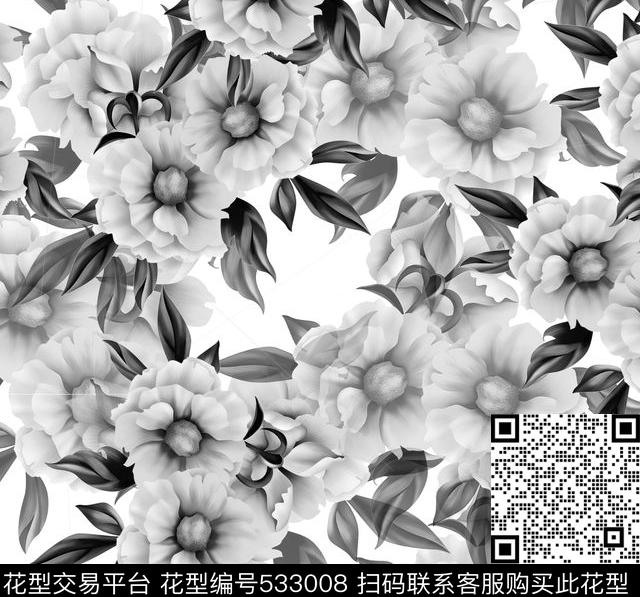 复古花卉黑白重叠数码印花华亿平台下载（图片编号: 533008） - 瓦栏（Walan）