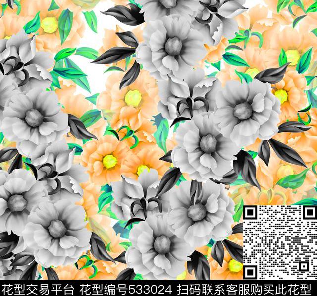 休闲花卉黑白组合数码印花华亿平台下载（图片编号: 533024） - 瓦栏（Walan）