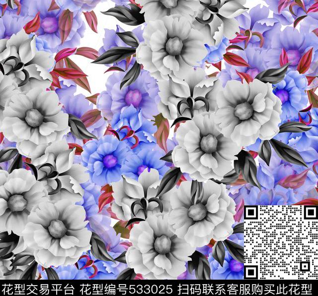 休闲花卉黑白组合数码印花华亿平台下载（图片编号: 533025） - 瓦栏（Walan）