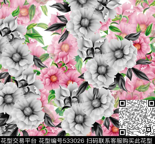 休闲花卉黑白组合数码印花华亿平台下载（图片编号: 533026） - 瓦栏（Walan）
