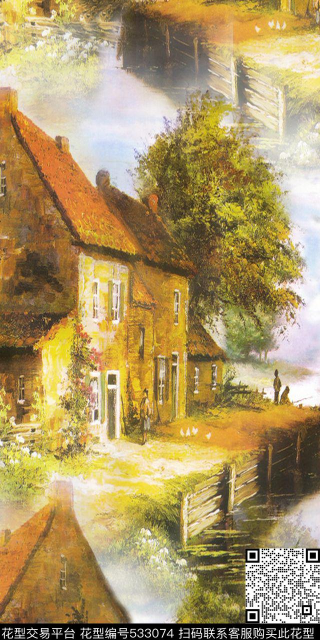 田园房子风景数码印花华亿平台下载（图片编号: 533074） - 瓦栏（Walan）