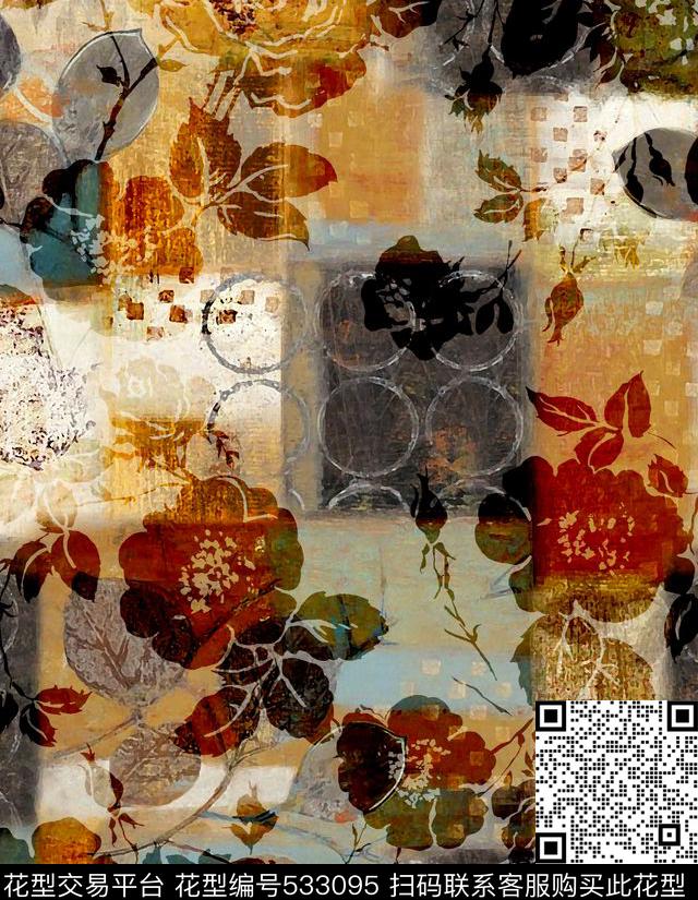 几何肌理田园装饰油画树叶花卉深秋数码印花华亿平台下载（图片编号: 533095） - 瓦栏（Walan）