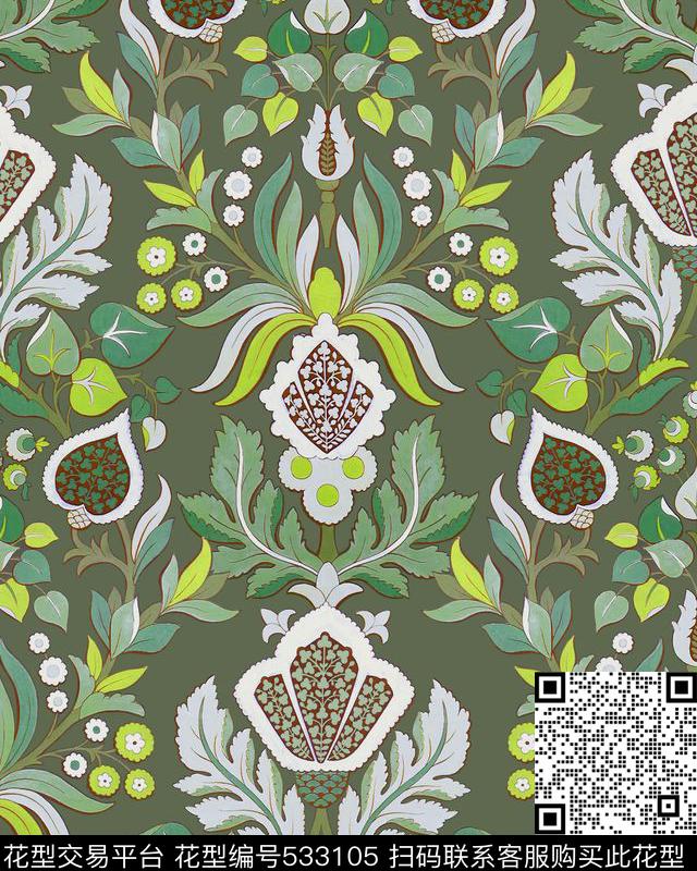 复古田园风复古绿花复古花卉系列传统印花华亿平台下载（图片编号: 533105） - 瓦栏（Walan）