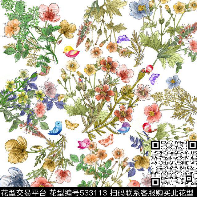 水彩花卉花卉方巾水彩动物数码印花华亿平台下载（图片编号: 533113） - 瓦栏（Walan）