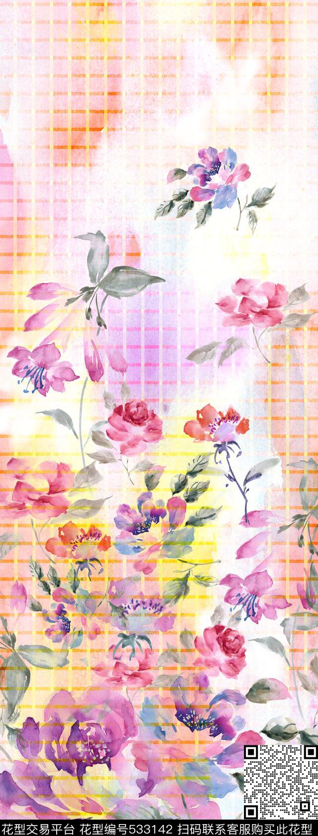 定位长巾格子叠加手绘花卉数码印花华亿平台下载（图片编号: 533142） - 瓦栏（Walan）