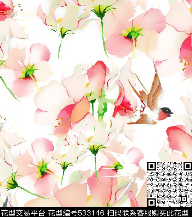 水彩花鸟抽象数码印花华亿平台下载（图片编号: 533146） - 瓦栏（Walan）