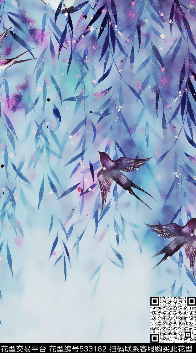 国画燕子杨柳数码印花华亿平台下载（图片编号: 533162） - 瓦栏（Walan）