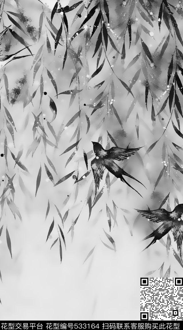 国画燕子杨柳数码印花华亿平台下载（图片编号: 533164） - 瓦栏（Walan）