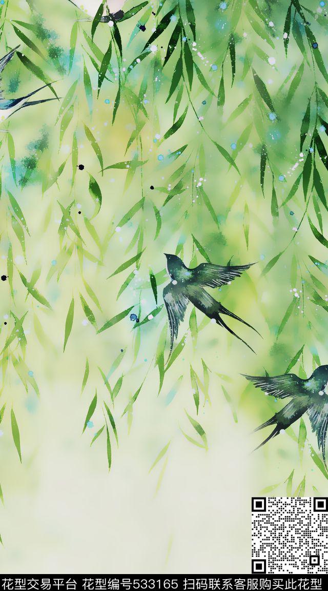 国画燕子杨柳数码印花华亿平台下载（图片编号: 533165） - 瓦栏（Walan）