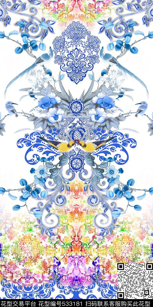 中国风青花瓷花卉数码印花华亿平台下载（图片编号: 533181） - 瓦栏（Walan）