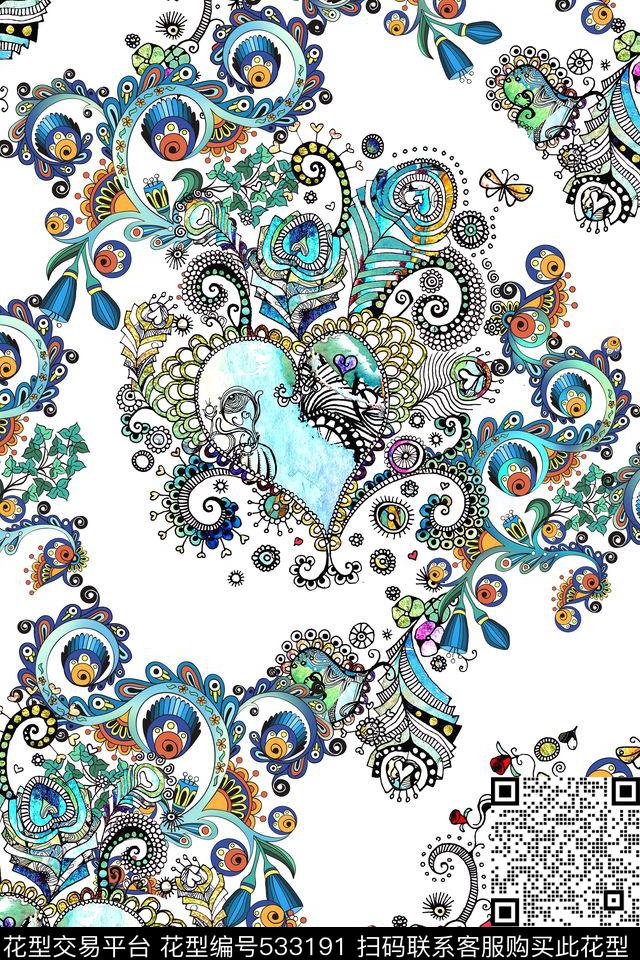 卷草时尚线描数码印花华亿平台下载（图片编号: 533191） - 瓦栏（Walan）