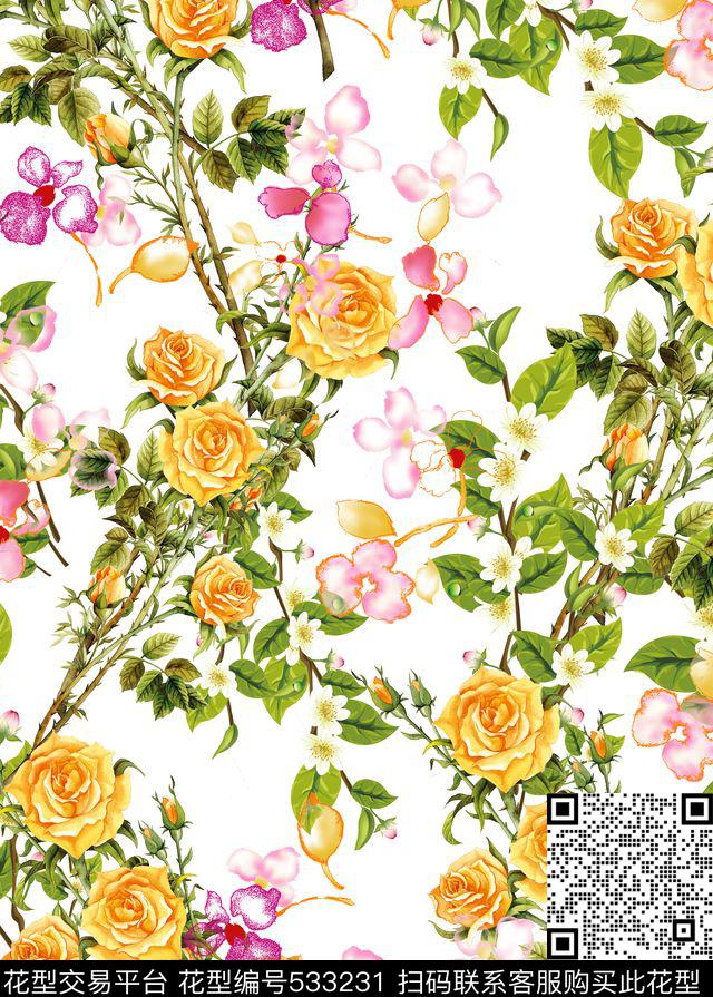 抽象植物花卉数码印花华亿平台下载（图片编号: 533231） - 瓦栏（Walan）