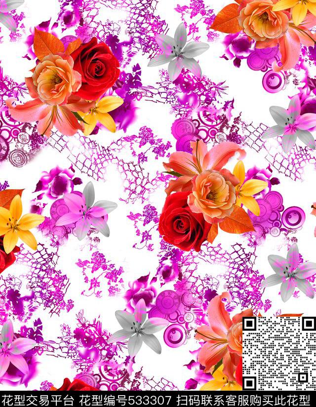流行时尚炫彩蛇皮花卉蛇皮花卉数码印花华亿平台下载（图片编号: 533307） - 瓦栏（Walan）