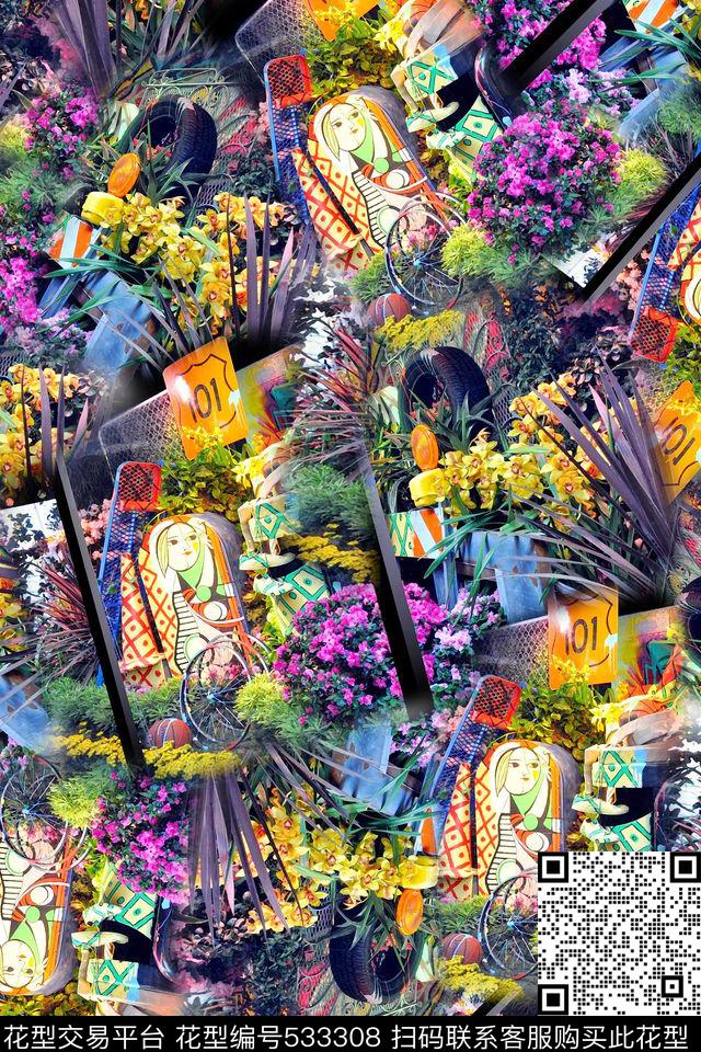 田园花草女孩数码印花华亿平台下载（图片编号: 533308） - 瓦栏（Walan）