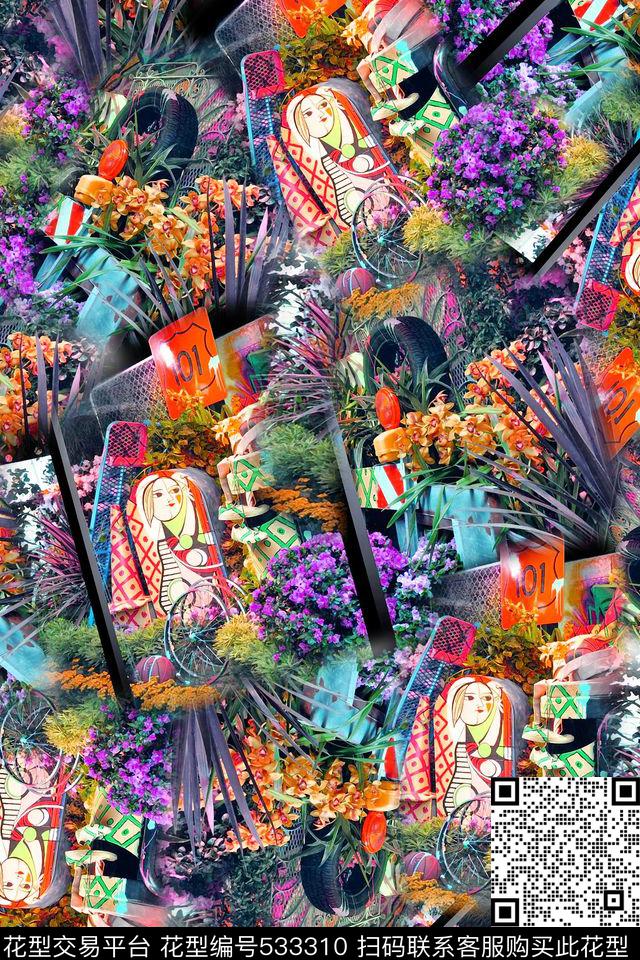 田园花草女孩数码印花华亿平台下载（图片编号: 533310） - 瓦栏（Walan）