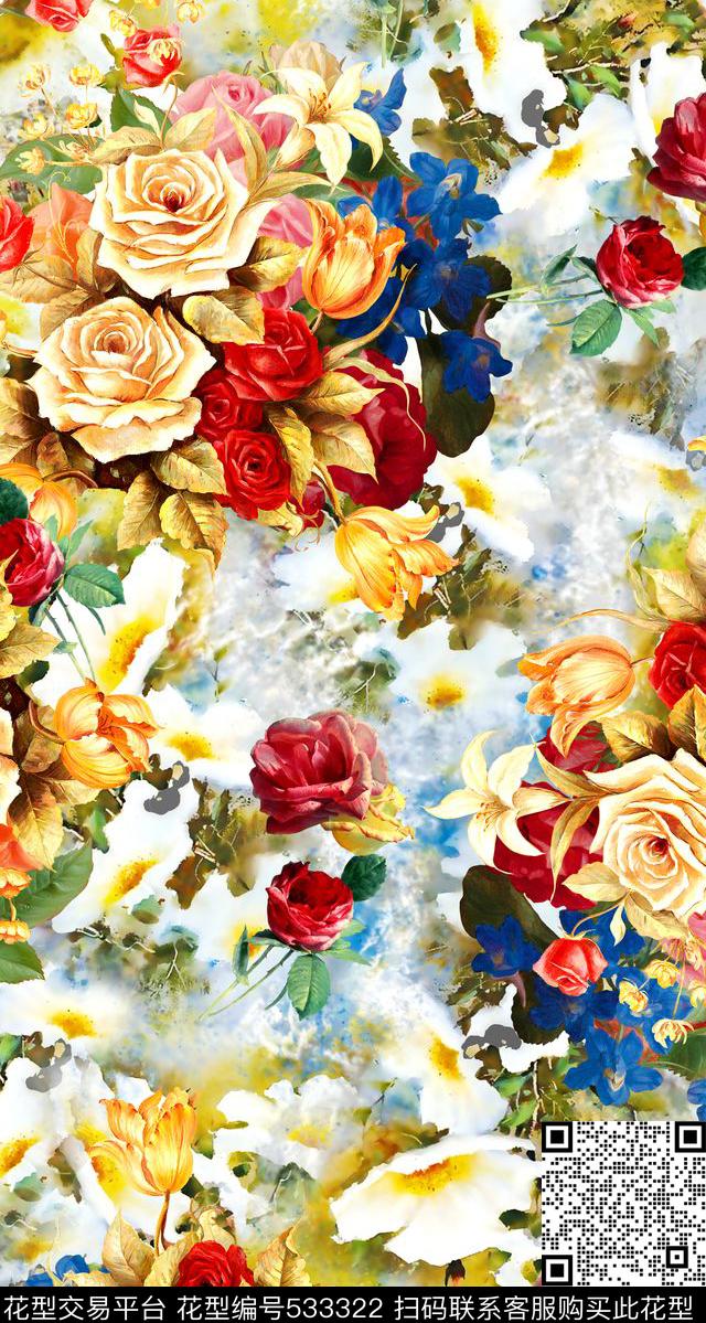 花卉油画华亿平台满版散花数码印花华亿平台下载（图片编号: 533322） - 瓦栏（Walan）
