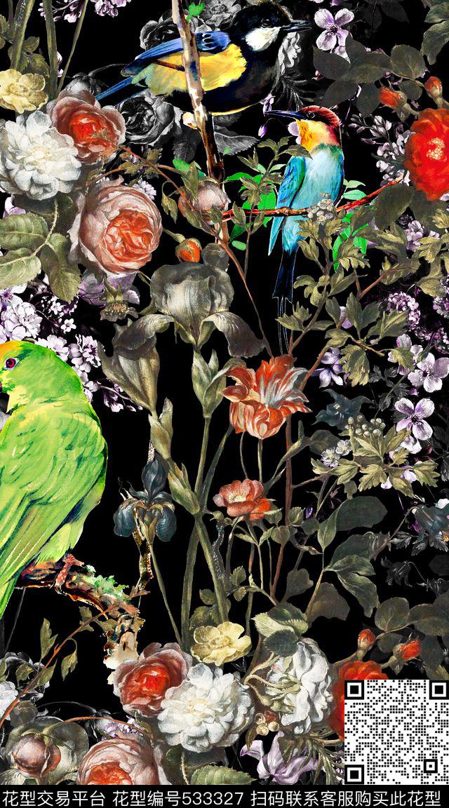 创意黑底植物数码印花华亿平台下载（图片编号: 533327） - 瓦栏（Walan）