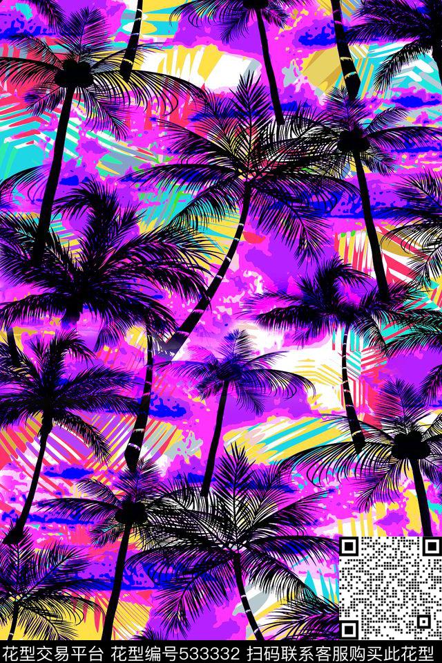 沙滩裤休闲椰树数码印花华亿平台下载（图片编号: 533332） - 瓦栏（Walan）