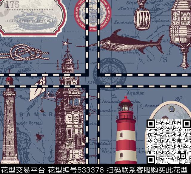 抽象灯塔轮船海军风传统印花华亿平台下载（图片编号: 533376） - 瓦栏（Walan）