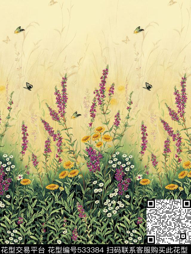 定位蝴蝶薰衣草数码印花华亿平台下载（图片编号: 533384） - 瓦栏（Walan）