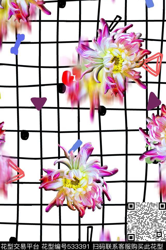 爱心格子花卉数码印花华亿平台下载（图片编号: 533391） - 瓦栏（Walan）