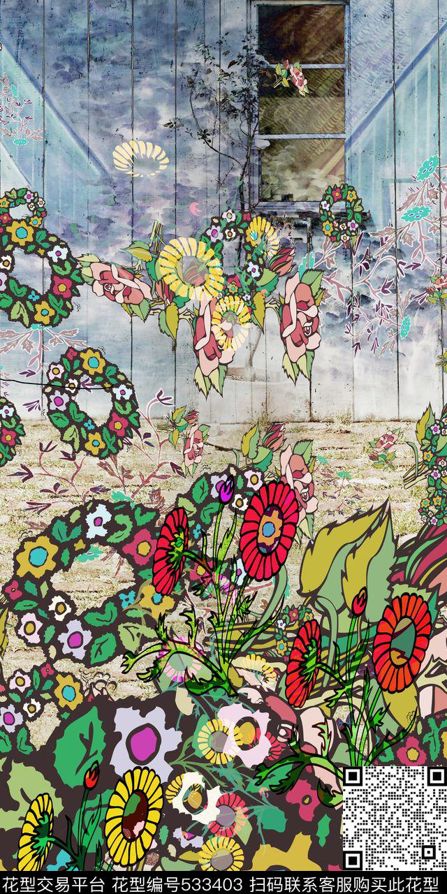 五彩圆圈花卉定位花竖条抽象背景数码印花华亿平台下载（图片编号: 533403） - 瓦栏（Walan）