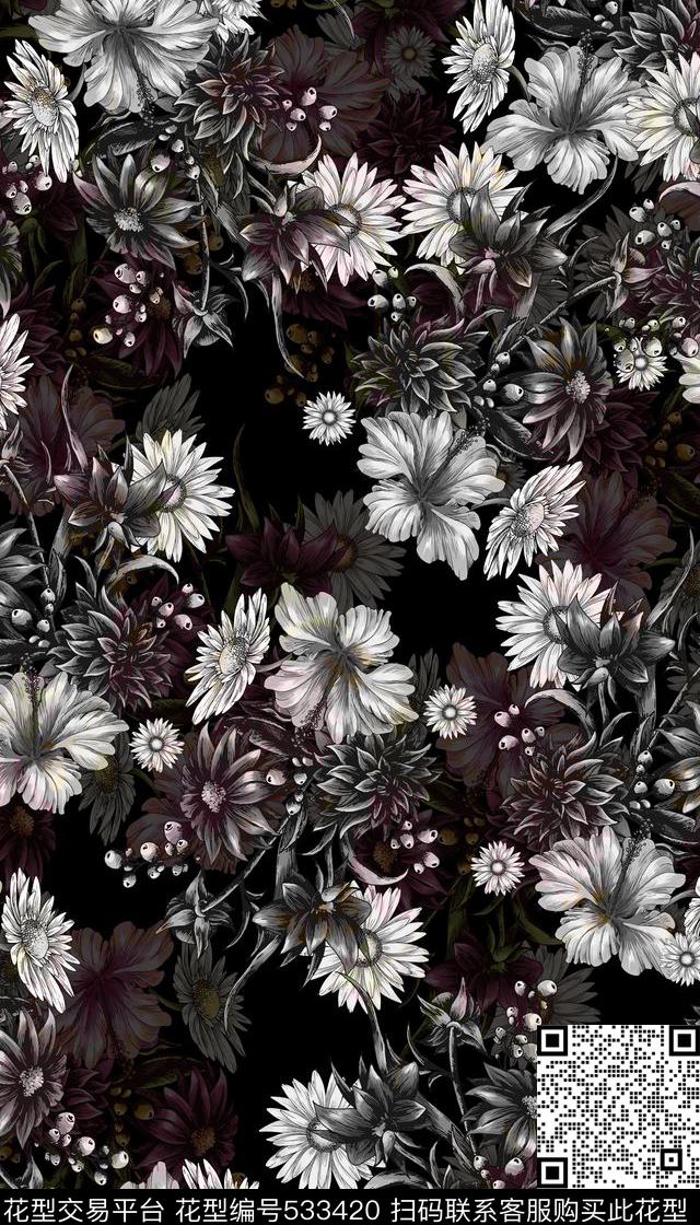 潮流时尚复古花卉数码印花华亿平台下载（图片编号: 533420） - 瓦栏（Walan）