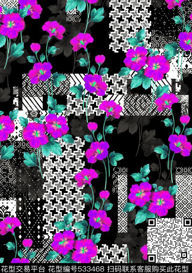经典传统几何元素小花手绘花传统印花华亿平台下载（图片编号: 533468） - 瓦栏（Walan）