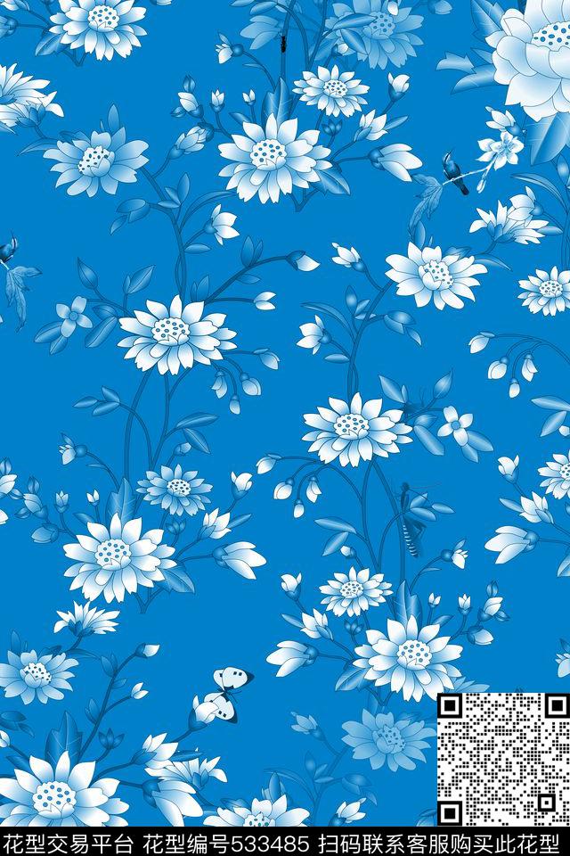 中国风陶瓷系蓝陶瓷系蓝色花贲古典中国风数码印花华亿平台下载（图片编号: 533485） - 瓦栏（Walan）