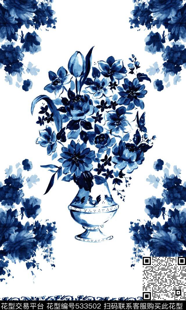 旗袍华亿平台现代中国风湛蓝花卉花纹传统印花华亿平台下载（图片编号: 533502） - 瓦栏（Walan）