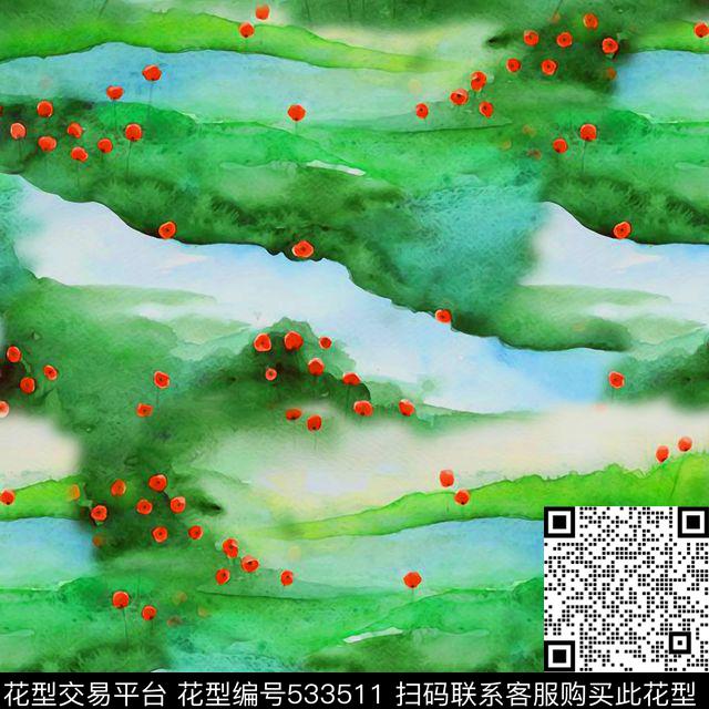 中国风花卉水彩数码印花华亿平台下载（图片编号: 533511） - 瓦栏（Walan）