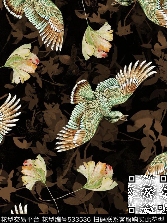 复古鸟叶子数码印花华亿平台下载（图片编号: 533536） - 瓦栏（Walan）