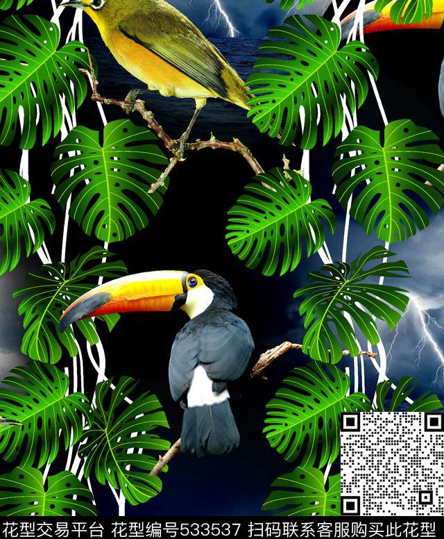抽象热带丛林树木闪电海洋数码印花华亿平台下载（图片编号: 533537） - 瓦栏（Walan）