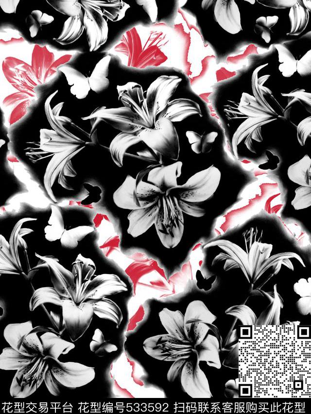 花卉男装黑白红数码印花华亿平台下载（图片编号: 533592） - 瓦栏（Walan）
