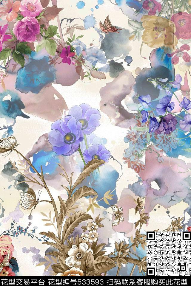 流行时尚抽象水彩数码印花华亿平台下载（图片编号: 533593） - 瓦栏（Walan）
