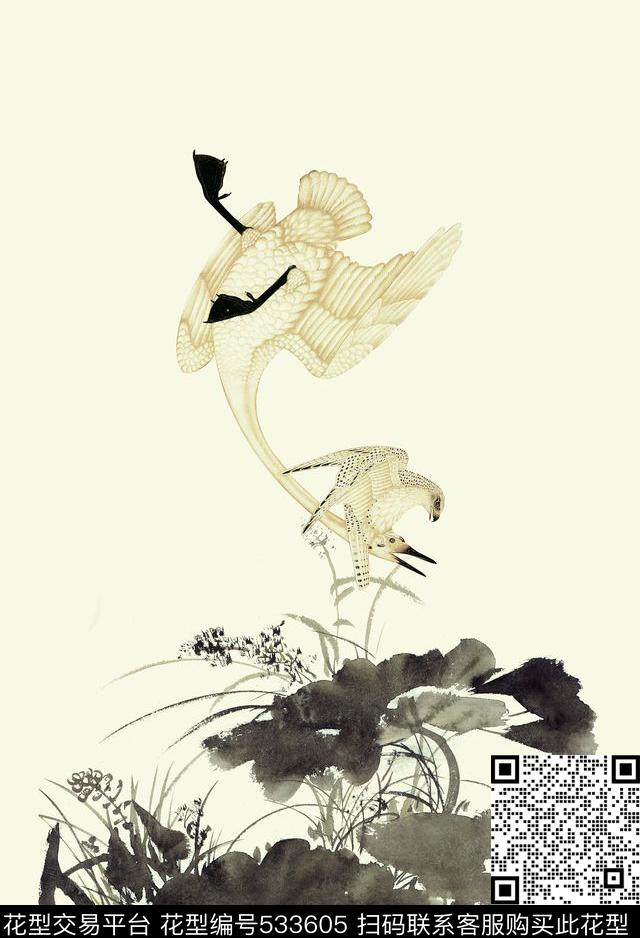 水墨荷叶天鹅中国风数码印花华亿平台下载（图片编号: 533605） - 瓦栏（Walan）