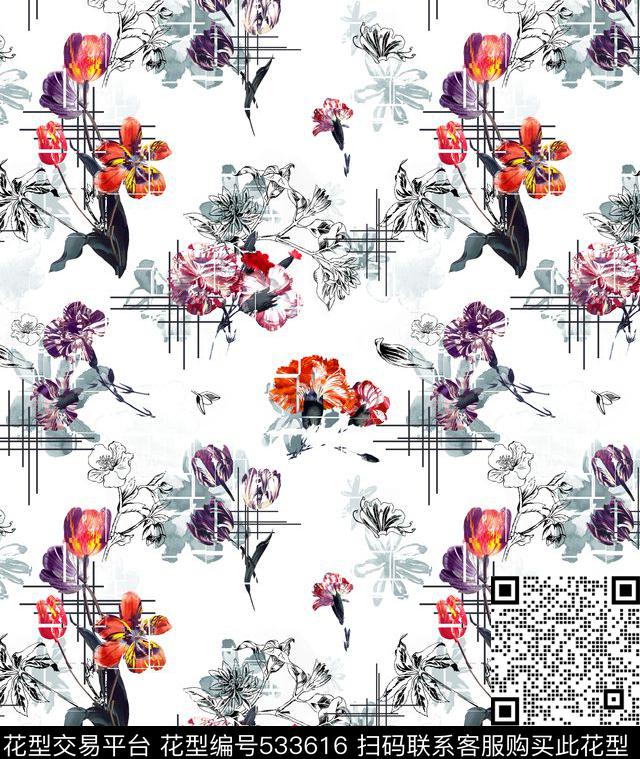 混搭视错现代郁金香康乃馨手绘花卉线描花卉复古花几何条格线条水彩花卉错位叠加数码印花华亿平台下载（图片编号: 533616） - 瓦栏（Walan）
