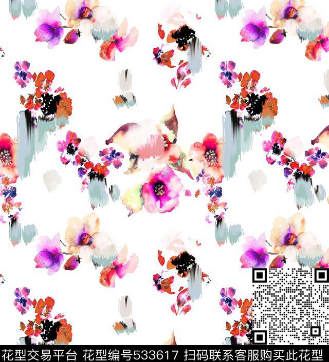 古典浪漫抽象女性化水彩花卉水墨花卉笔触笔刷晕染数码印花华亿平台下载（图片编号: 533617） - 瓦栏（Walan）