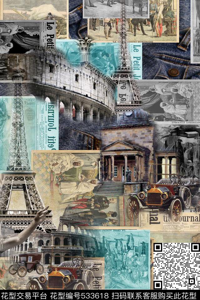 欧式复古邮票牛仔布欧式建筑数码印花华亿平台下载（图片编号: 533618） - 瓦栏（Walan）