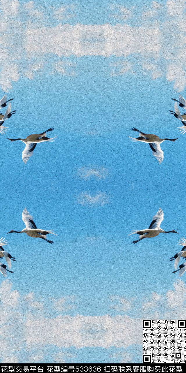 丹顶鹤天空油画风景数码印花华亿平台下载（图片编号: 533636） - 瓦栏（Walan）