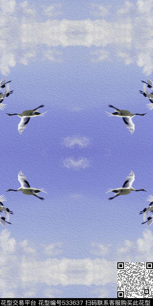 时尚丹顶鹤天空油画风景连衣裙羽绒服大衣数码印花华亿平台下载（图片编号: 533637） - 瓦栏（Walan）