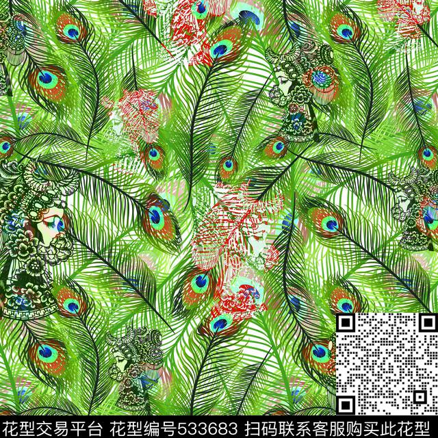 中国风剪纸孔雀毛数码印花华亿平台下载（图片编号: 533683） - 瓦栏（Walan）