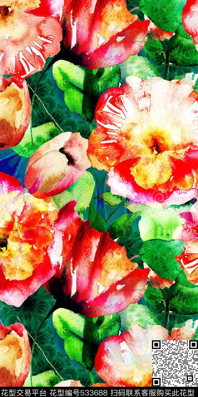 女装沙发裙子水彩花卉虞美人时尚流行新潮数码印花华亿平台下载（图片编号: 533688） - 瓦栏（Walan）