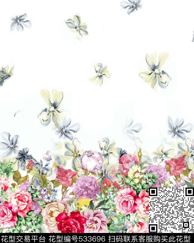 水彩花卉田园风格短装定位数码印花华亿平台下载（图片编号: 533696） - 瓦栏（Walan）