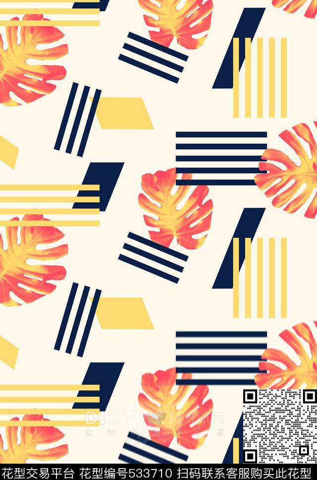 几何与植物花卉时尚休闲植物叶子传统印花华亿平台下载（图片编号: 533710） - 瓦栏（Walan）